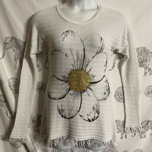 Women’s XS Lauren Moshi Knit White Daisy Print Sweater Fringe Sleeve Long Fit